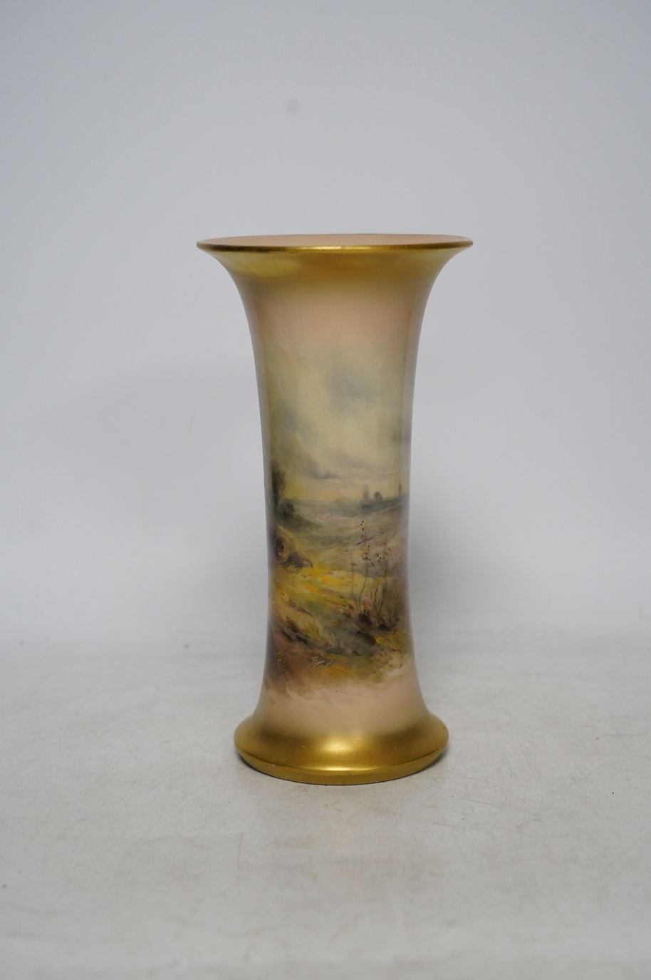 James Stinton for Royal Worcester, a porcelain vase with hand painted scene depicting pheasant in woodland landscape, shape G 923, 19.5cm. Condition - good